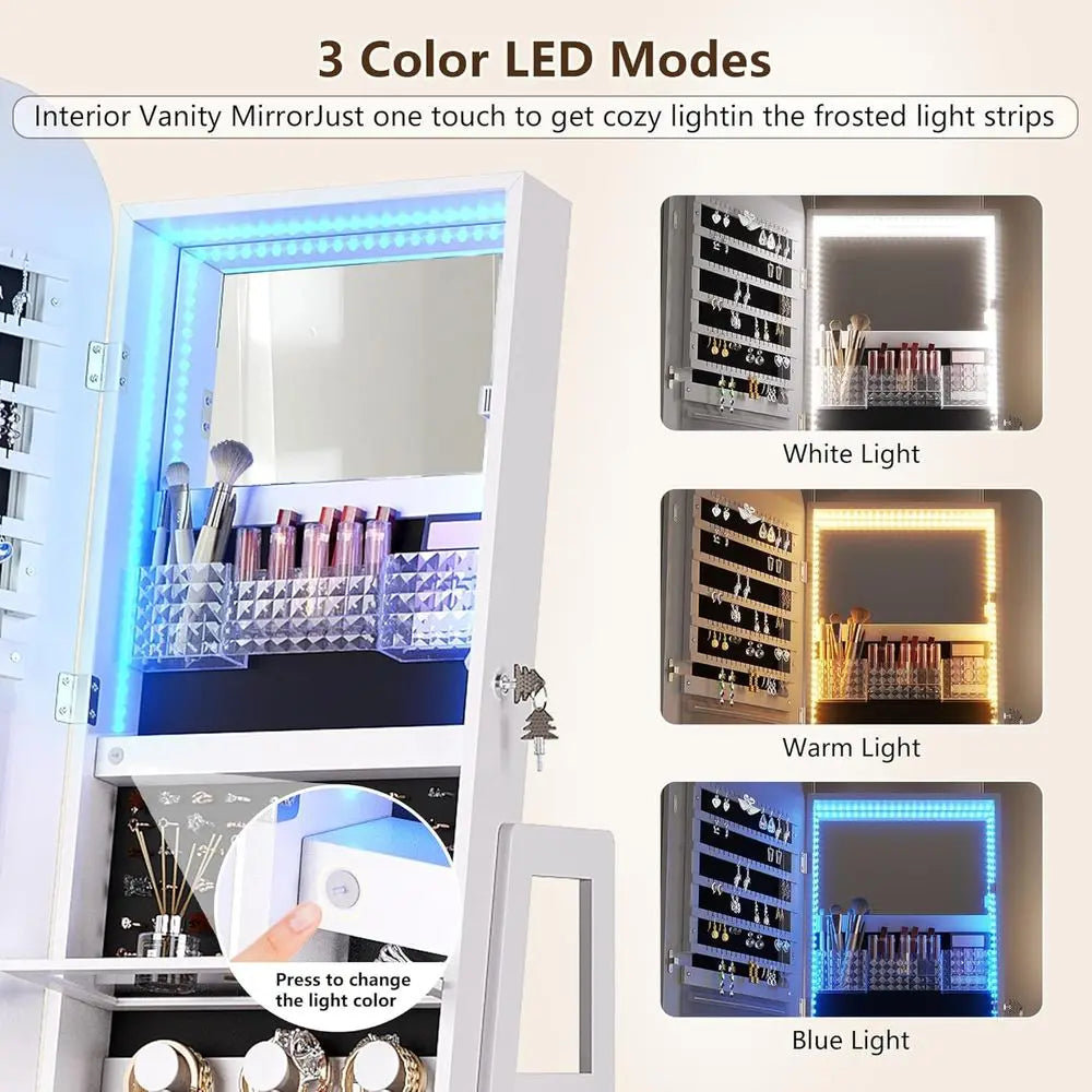 Swivel jewelry organizer with Full Length Mirror with Lights, Jewelry Armoires Cabinet Standing with Drawer, Large Mirror Storag