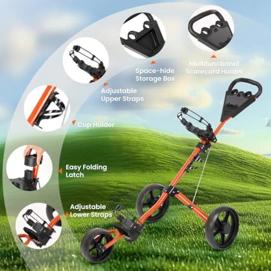 Golf Cart Golf Push Cart Golf Bag Cart with 3 Wheel Quick Folding Scorecard Holder Cup Holder Foot Brake 360 Rotating Front Whe