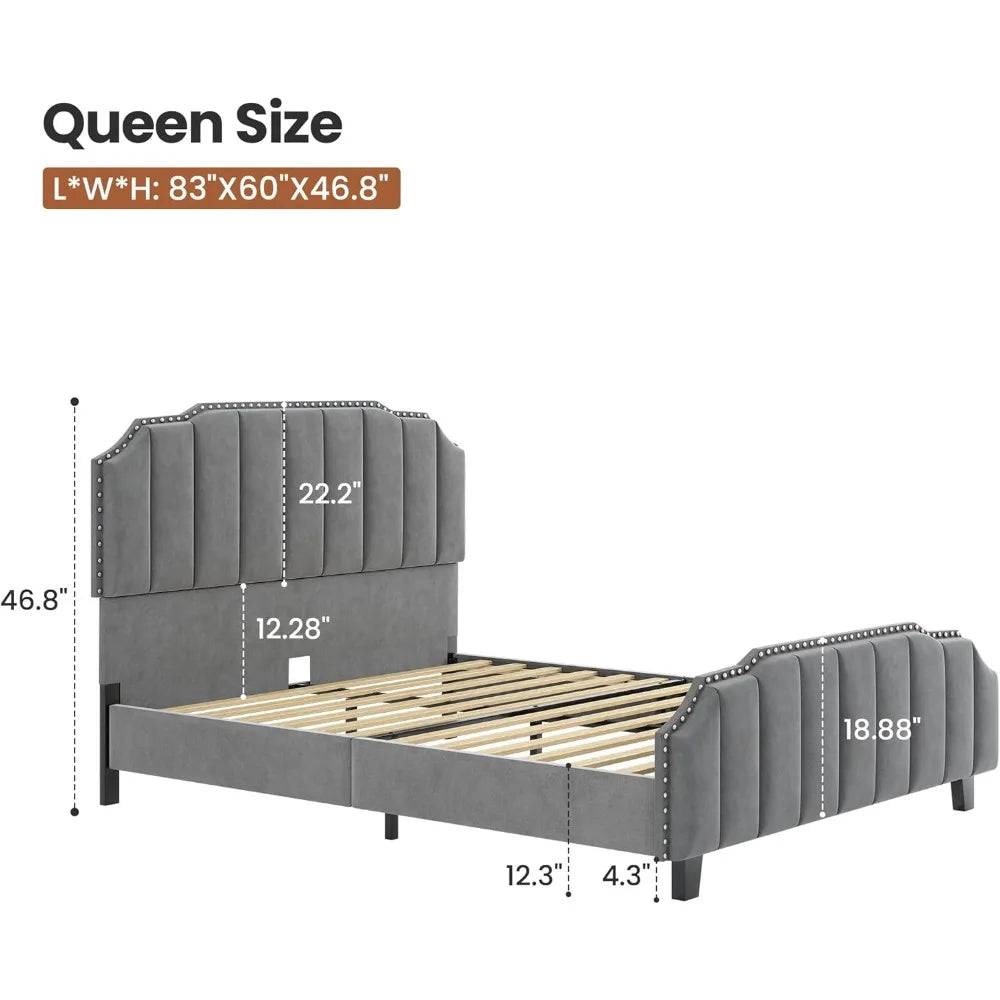 Grey Queen Size Upholstered Platform Bed Frame with 46.8'' Tall Vertical Channel Tufted Headboard, Wooden Slats,Customized