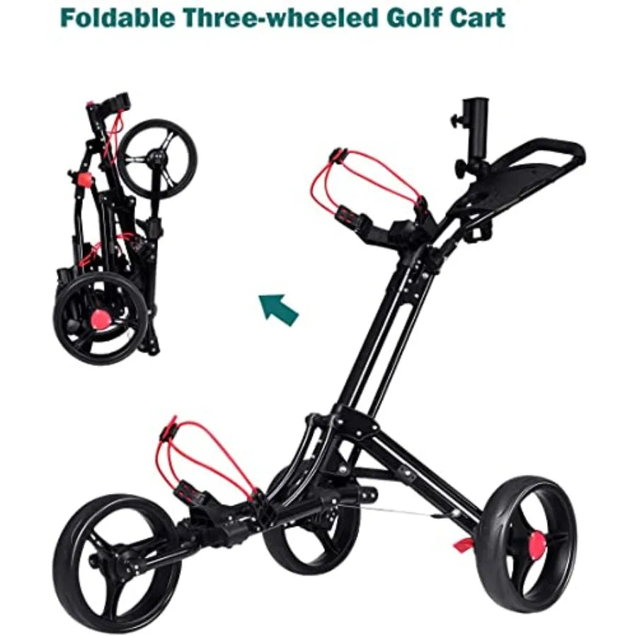 GRAFFY Golf Push Cart 3 Wheels Folding Golf Trolley with Foot Brake Umbrella Tee Holder Lightweight Pushcart with Adjustable Ha
