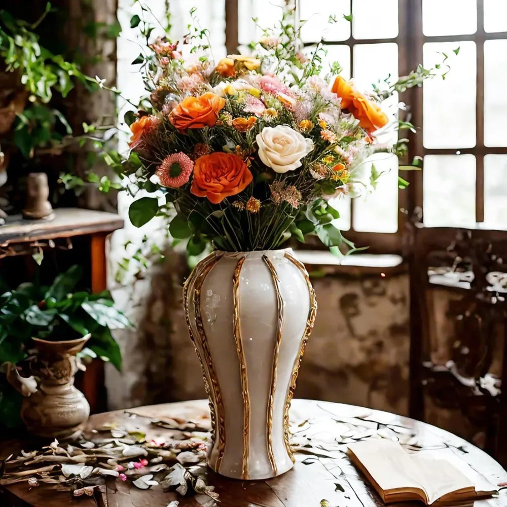 Stylish White and Gold Vases for Elegant Centerpieces, Decorative White Gold Ginger Jars, Large Gold Vases for Kitchen Counterto