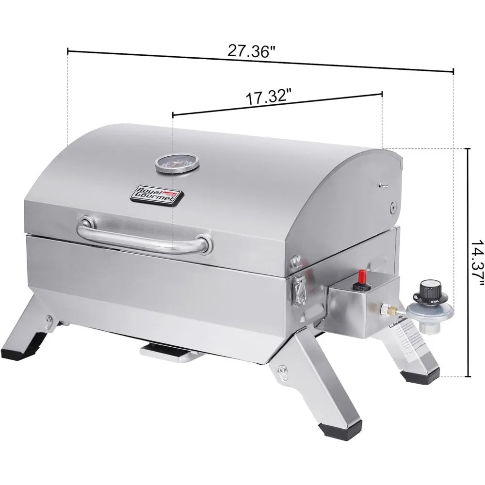 GT1001 Stainless Steel Portable Grill, 10000 BTU BBQ Tabletop Gas Grill with Folding Legs and Lockable Lid, Outdoor Camping, De