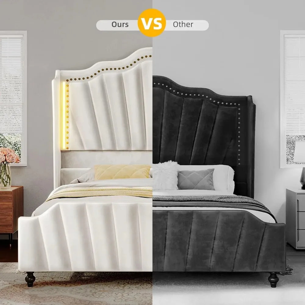 LED Queen Size Bed Frame with 60" Tall Wingback Headboard and Footboard, Solid Wood Leg, No Box Spring Needed, Easy Assembly