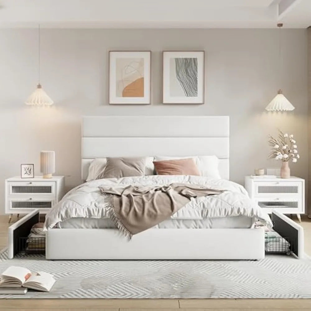 Contemporary Queen-Sized Platform Bed with Storage Drawers and Velvet Headboard, Wood Slat Support