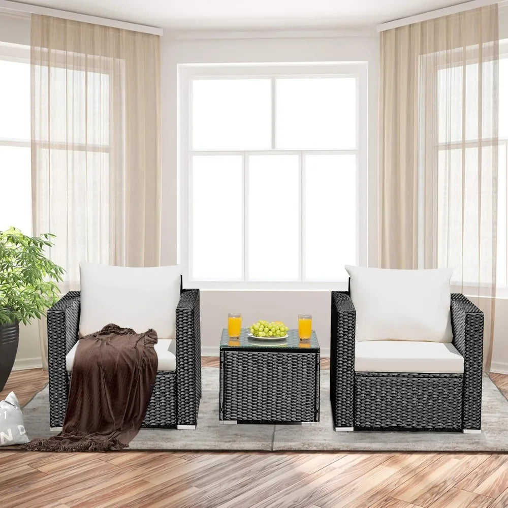 COSTWAY 3-Piece Outdoor Patio Furniture Set, Cushioned Armchairs and Tempered Glass Coffee Table, Wicker Rattan Sofa Set for Gar