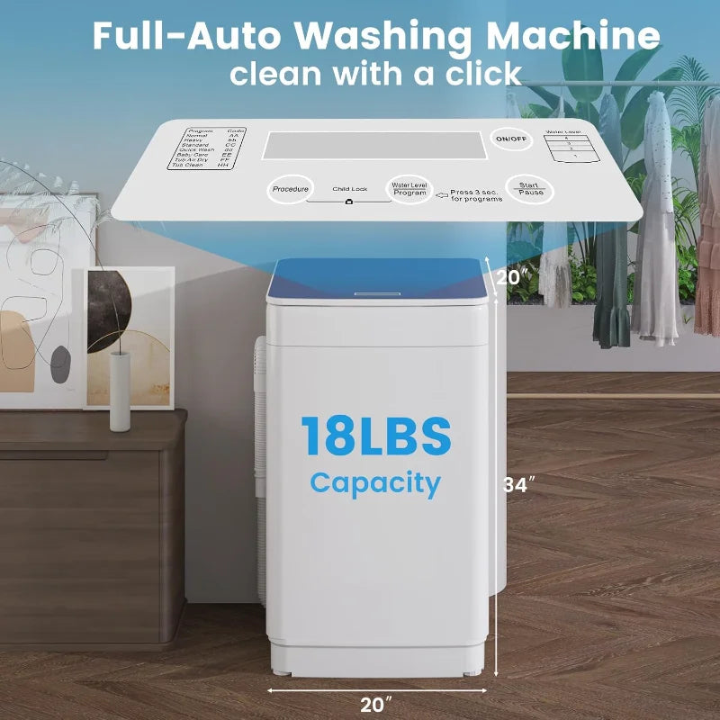 VCJ Portable Washing Machine, 18lbs Fully Automatic Washer with Stainless Steel Tub, 7 Wash Programs, 380W Powerful Motor