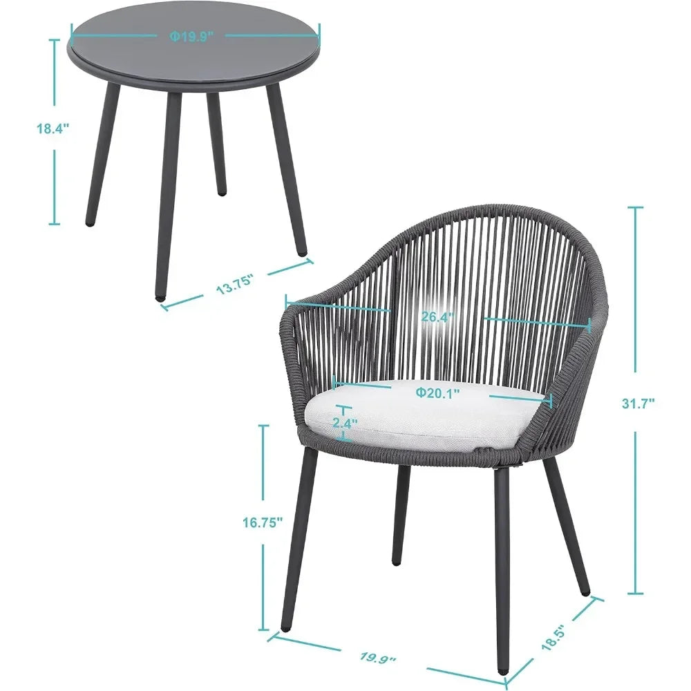 3 Piece Outdoor Bistro Set, Woven Rope Conversation Patio Set, All Weather Patio Furniture Chairs and Table with Cushions