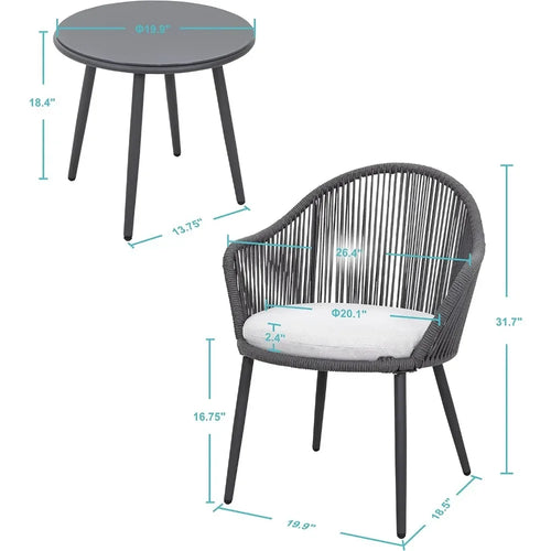 3 Piece Outdoor Bistro Set, Woven Rope Conversation Patio Set, All Weather Patio Furniture Chairs and Table with Cushions