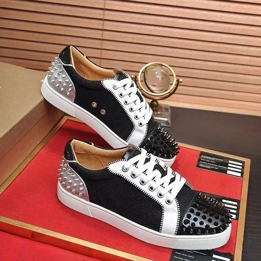 2025 New Breathable Couple Red Sole Shoes Genuine Leather Rivet Flat Casual Trendy Comfortable Unisex Footwear
