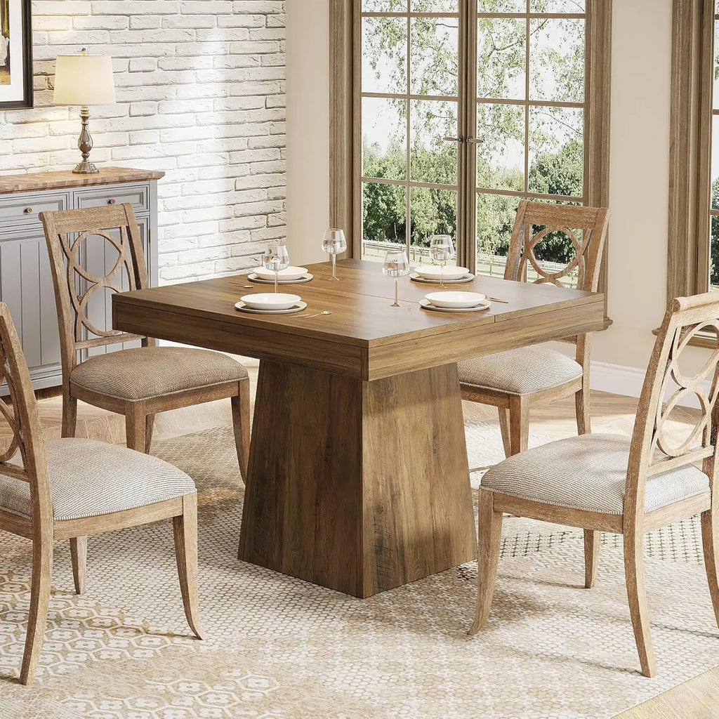 Square Dining Table for 4, Small Kitchen Table with Sturdy Pedestal Base, Farmhouse Dinner Table for Dining Room, Living Room