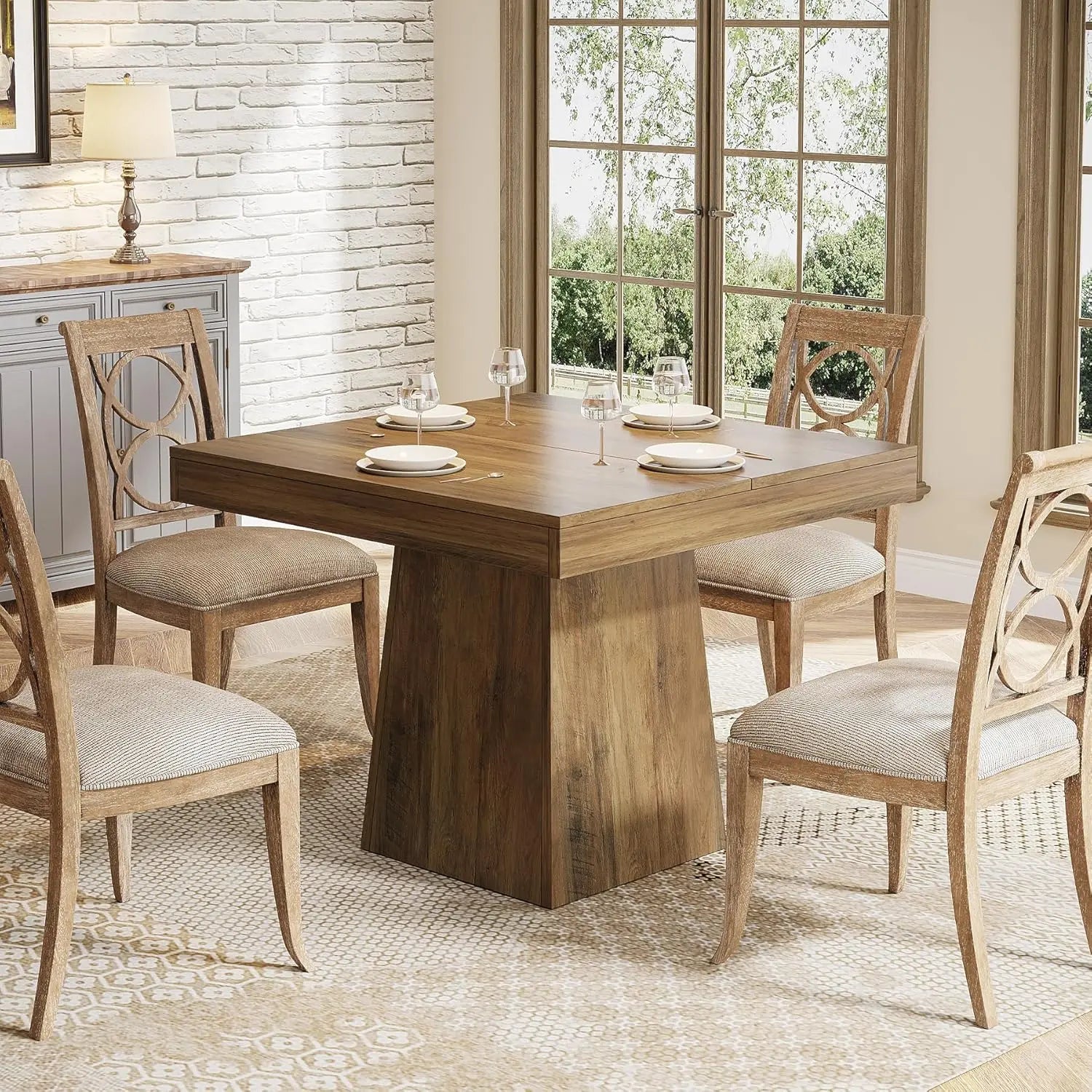 Square Dining Table for 4, Small Kitchen Table with Sturdy Pedestal Base, Farmhouse Dinner Table for Dining Room, Living Room