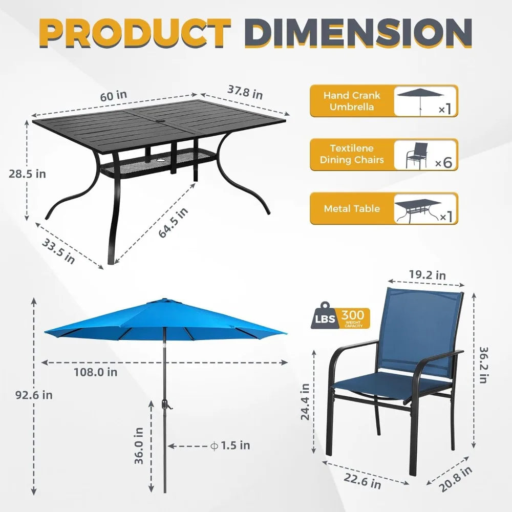 8 Pieces Patio Dining Set with Sky Blue Umbrella, Outdoor Dining Set of 6 Textilene Chairs and Rectangle Table with Umbrella Ho