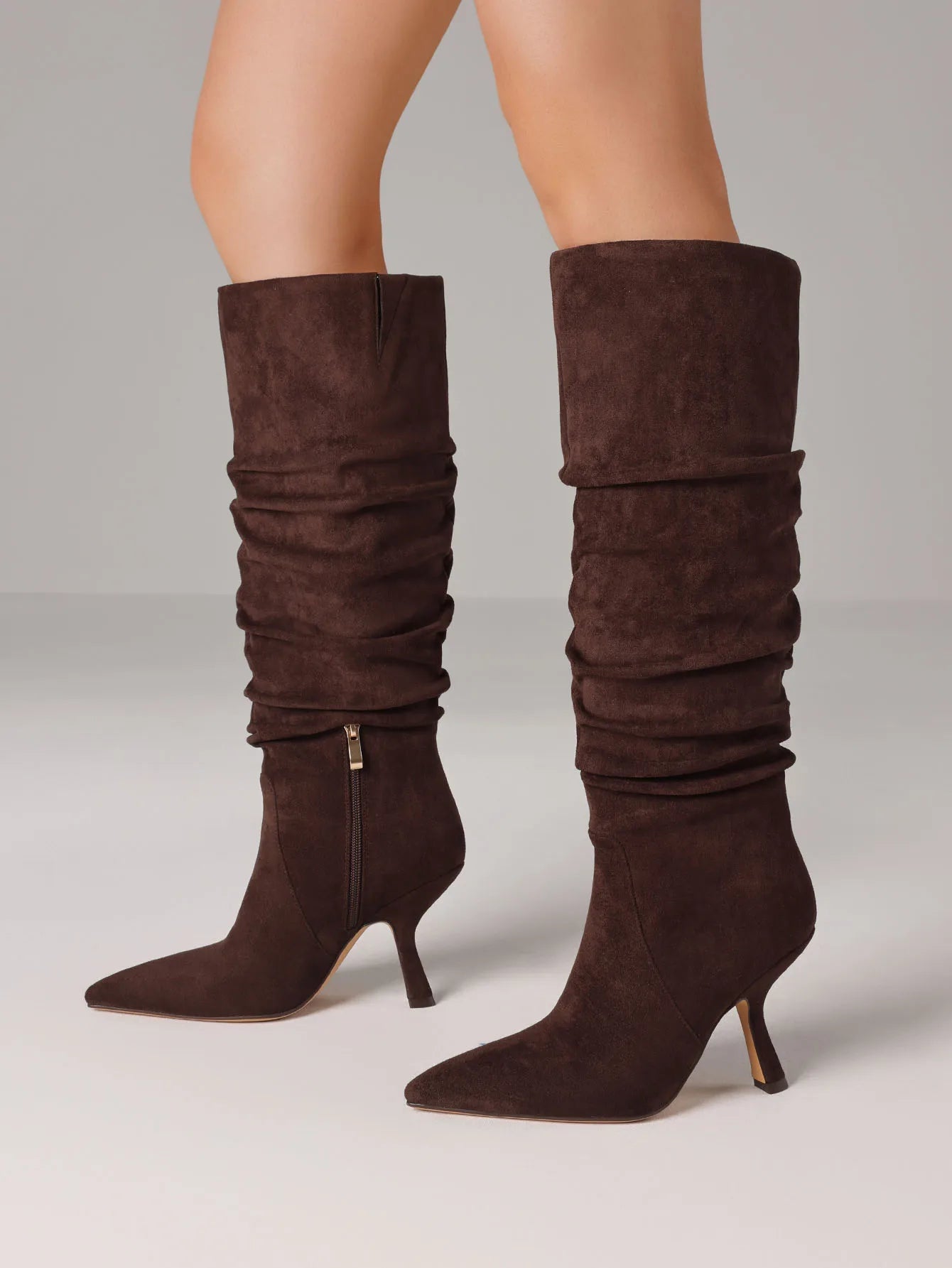 Women's Slouchy Knee High Boots Pointed Toe Stiletto High Heels Wrinkled Pleated Side Zipper Pull On Party Dress Sexy Fall Boots