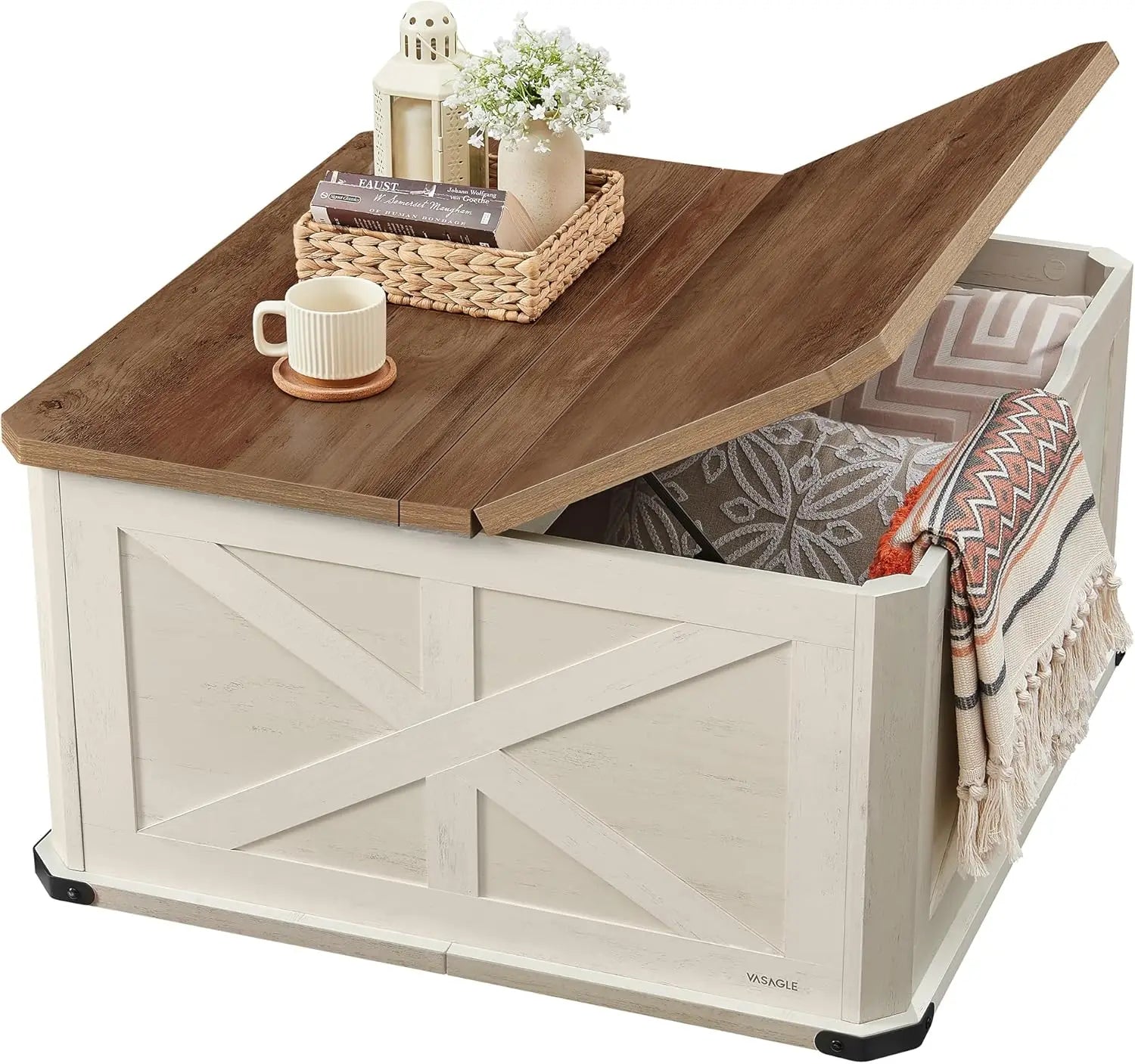 Farmhouse Coffee Table with Storage Square Living Room Center Table Flip Top Lids Honey Brown
