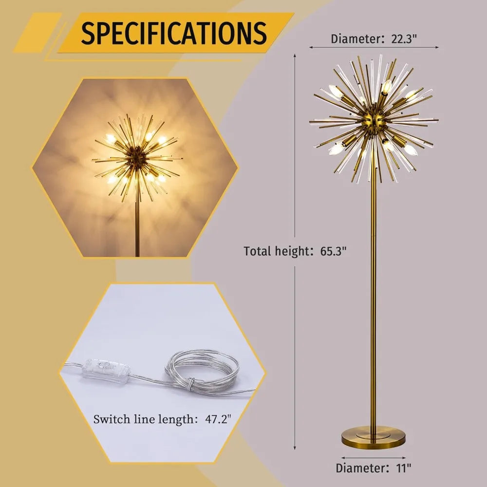 Mid-Century Modern Gold Floor Lamp for Living Spaces, 65.3 Tall Unique Metal Design for Bedrooms