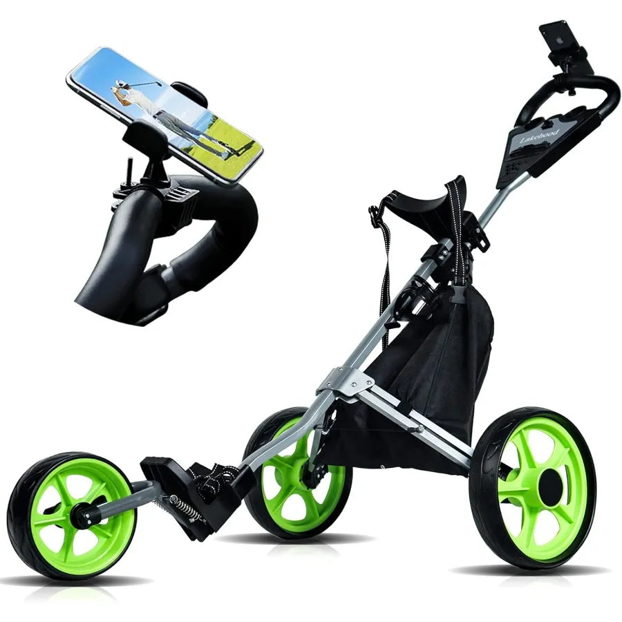 Golf Push Cart Golf Pull Cart for Golf Clubs and Golf Bag Golf Push Carts Three Wheel Easy to Folding Scorecard Holder with Mob