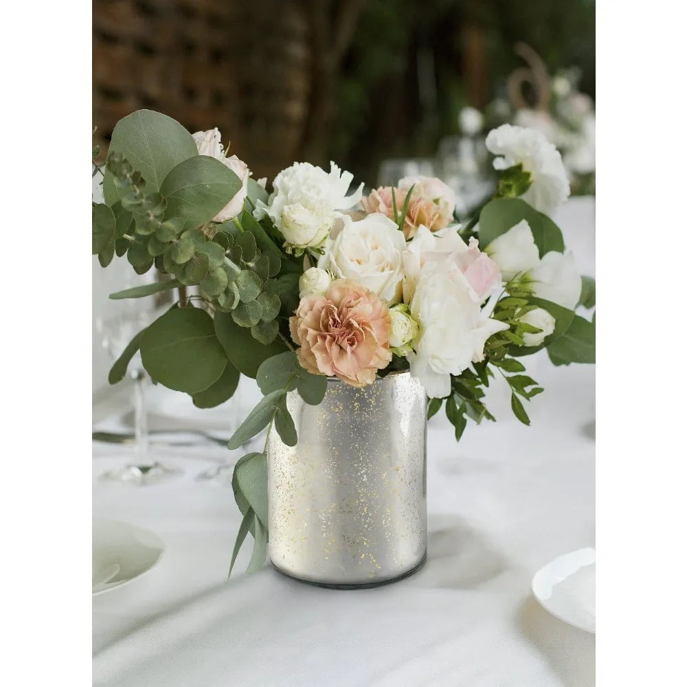Antique Silver Cylinder Vase with Vintage Mercury Glass Finish for Weddings, Parties, and Events, 7 Inches Tall