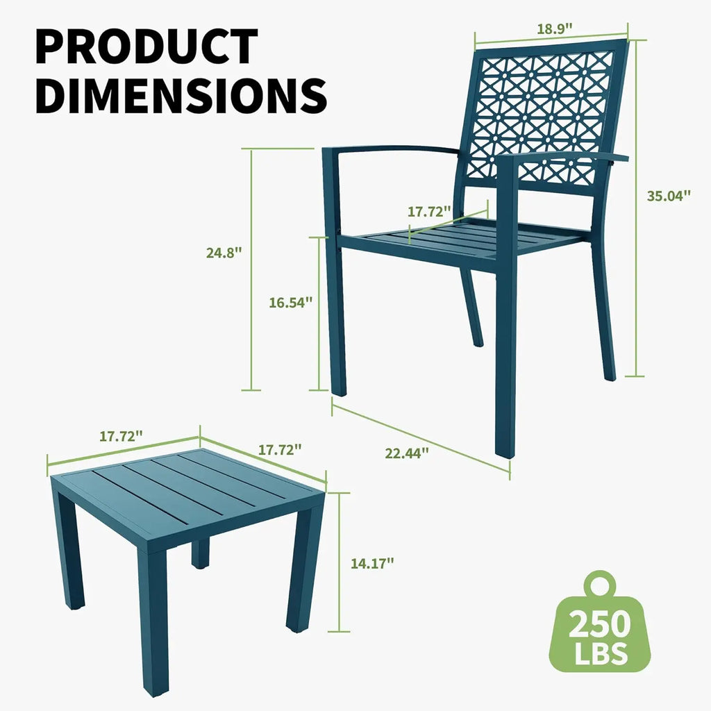 3 Piece Outdoor Stackable Patio Furniture with a Coffee Table and 2 Chairs, Metal  Set, for Indoor Outdoor Backyard, Deck