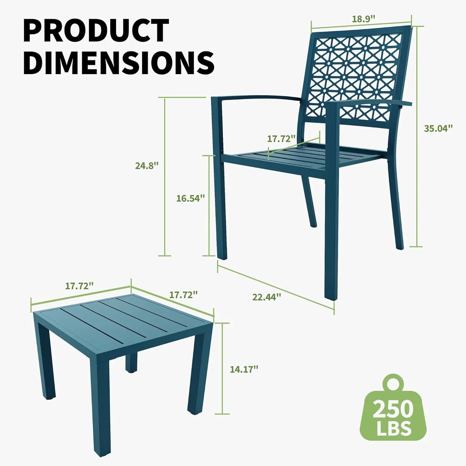 3 Piece Outdoor Stackable Patio Furniture with a Coffee Table and 2 Chairs, Metal  Set, for Indoor Outdoor Backyard, Deck