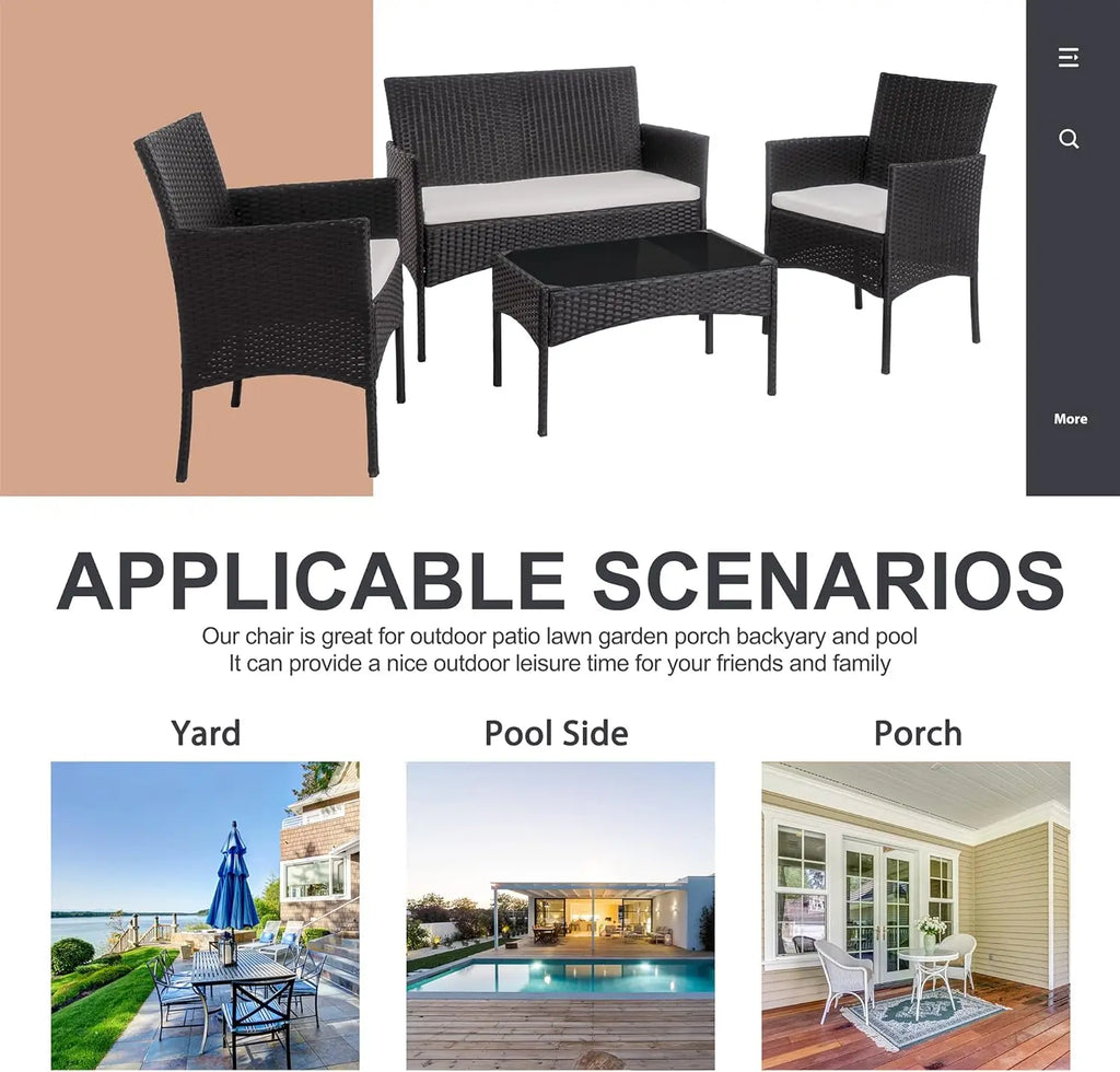 4-Piece Outdoor Patio Furniture Set with Wicker Chairs and Glass Coffee Table for Garden or Poolside