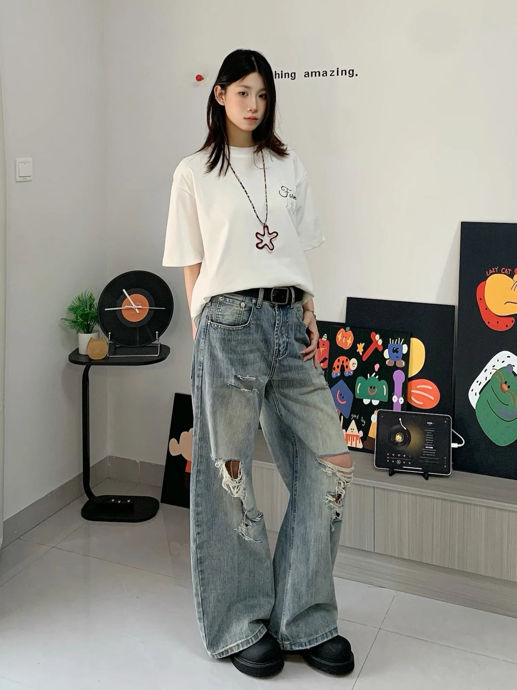 American retro new style bamboo joint old ripped jeans for men and women draped casual and versatile loose straight trousers
