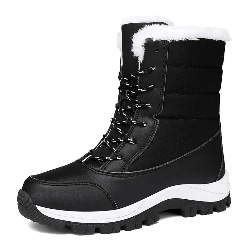 Thickened High-Top Winter Snow Boots Women's Warm Fleece Lined Outdoor Shoes Anti-Slip Rubber Sole Long Hair Design