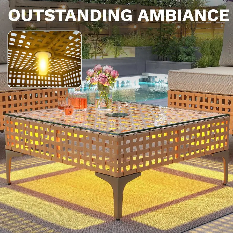 Patio Furniture Set 3 Pieces Outdoor Sectional Sofa with Solar Light Table amp Waterproof Cushions Outdoor Couch AllWeather Rat