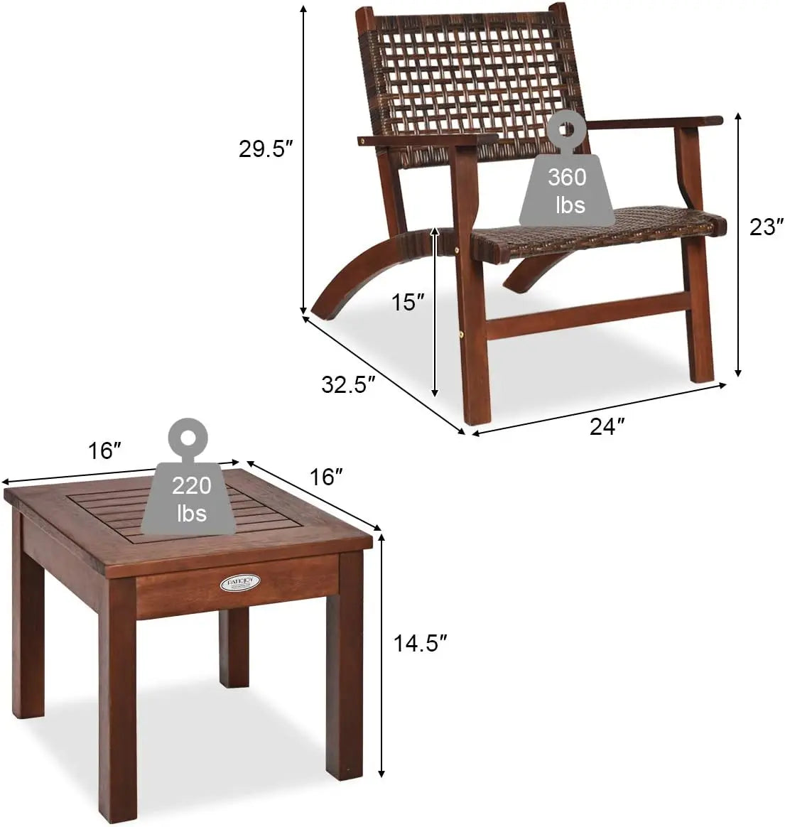 3-Piece Outdoor Patio Set, Eucalyptus Wood Frame Wicker Bistro with Coffee Table, Brown Rattan Furniture for Backyard, Porch, Ga