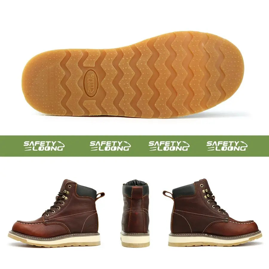 Toe Work Boots for Men Waterproof Soft Steel Toe Comfortable Full Grain Leather Non Slip Wedge Outsole Construction 6 Workboots