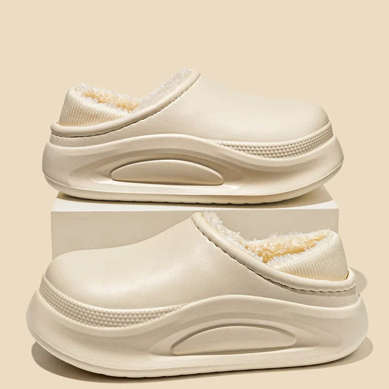 Unisex Closed Toe Warm Plush EVA Slippers Winter 2025 Thick Sole Waterproof Indoor and Outdoor Clogs Shoes Woman Fluffy Slippers