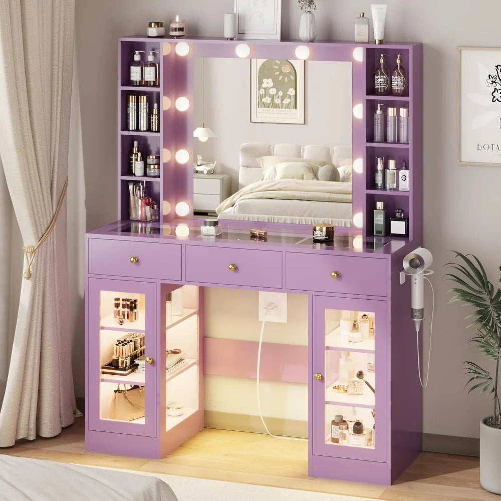 Purple Vanity Desk with Mirror and Lights, Glass Top Vanity with Lighted Mirror & RGB Glass Cabinet and 3 Drawers, Makeup Desk w