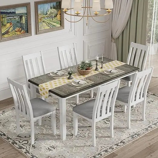 7 Pieces Dining Table Set with Extendable Tabletop and 6 Upholstered Chairs, Solid Wood Kitchen Dining Room Table Set, Kitchen