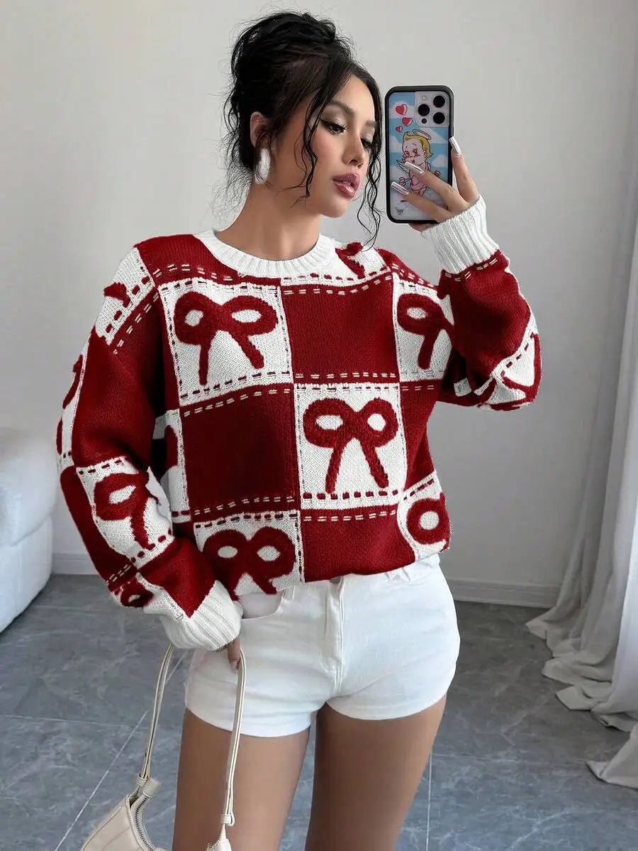 Pink & White Checkered 3D Bow Knit Pullover Sweater, Round Neck, Fall Winter Casual Style