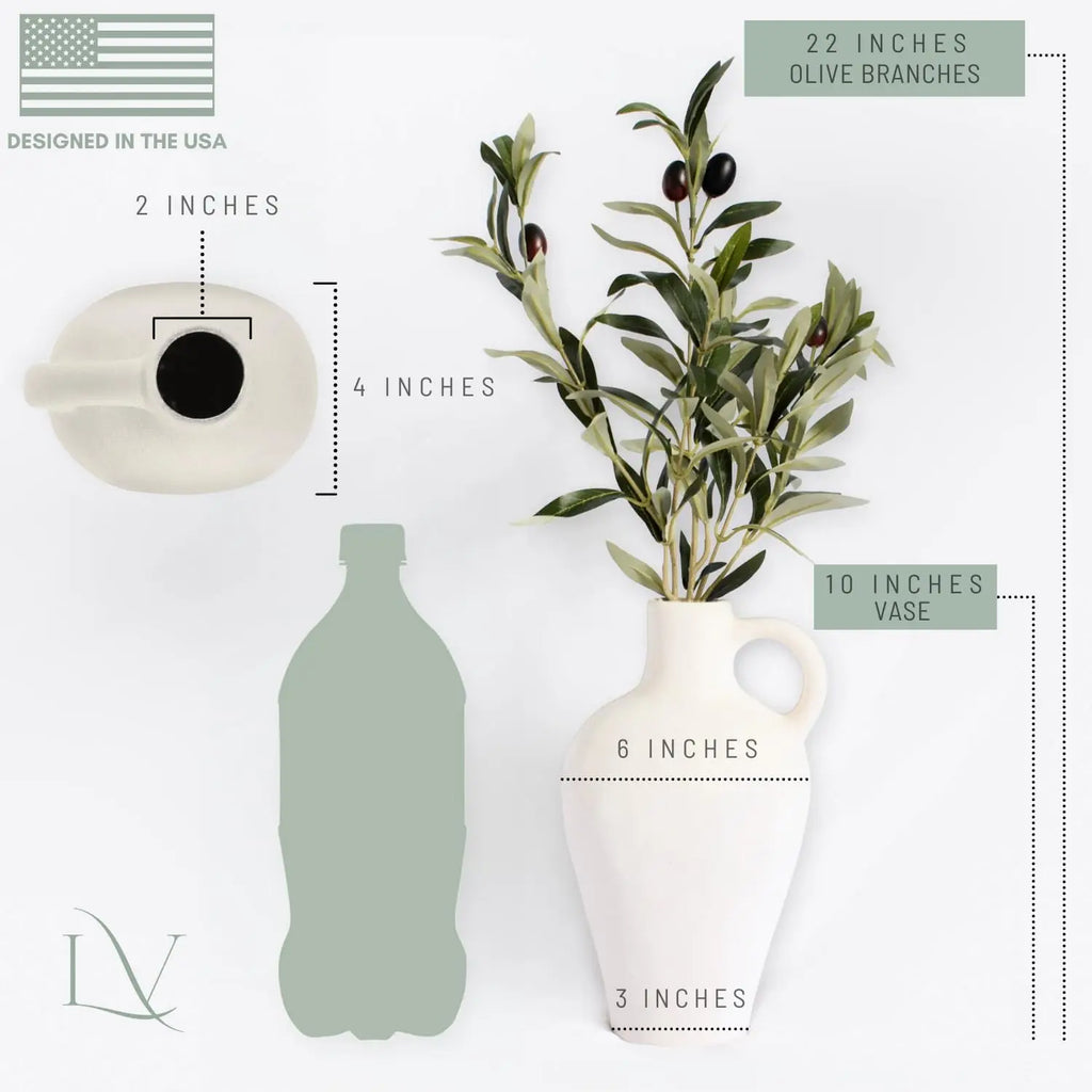 Textured Ceramic Vase with Olive Branches, 10 Inch Tall White Minimalist Decor for Home Office Gifting