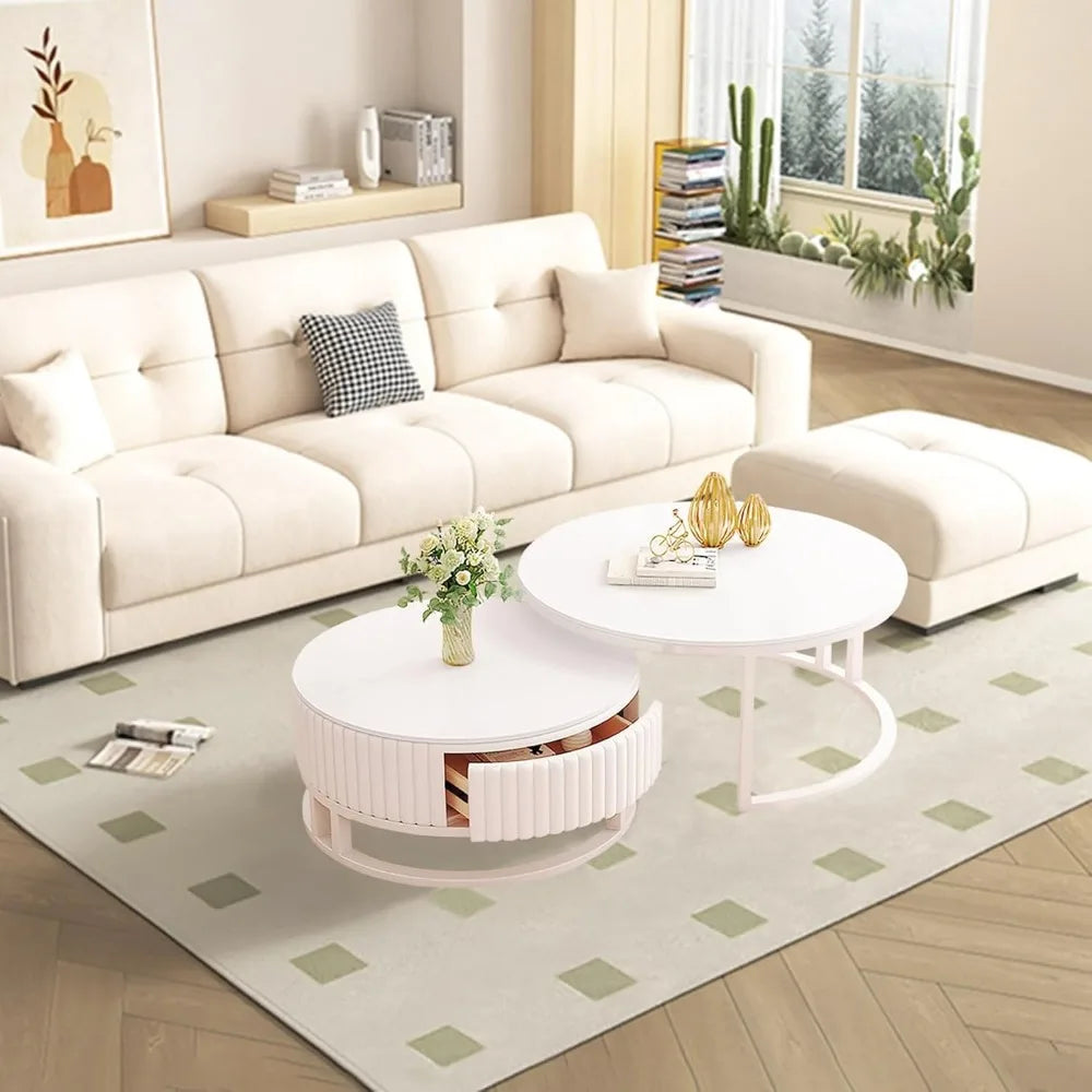 Round Marble Coffee Table with Storage Round Nesting Coffee Table Set of 2 Modern White Coffee Tables for Living Room Coffee Tab
