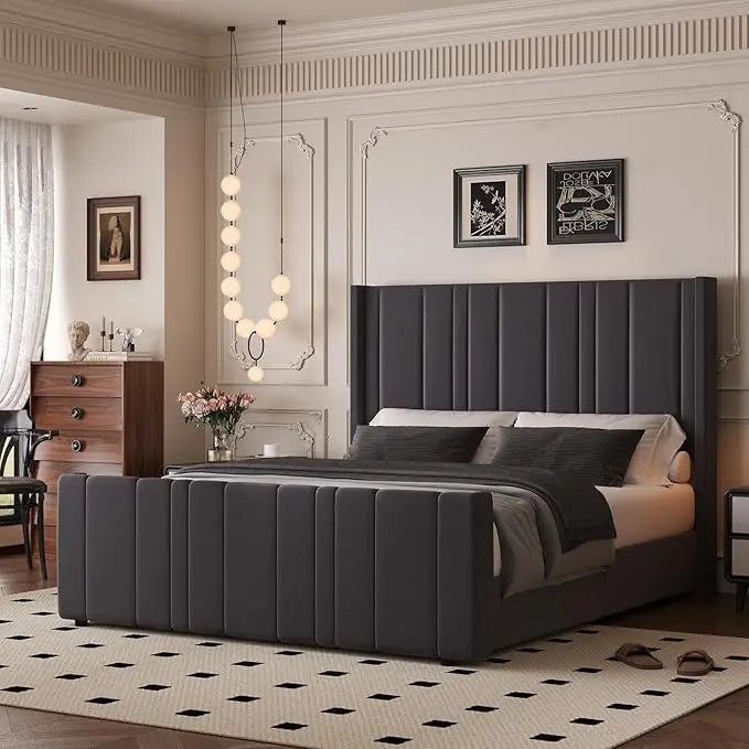 Queen Bed Frame Pink Upholstered Bed with Vertical Channel Tufted Headboard & 22" Footboard, Noise Free/Wooden Slats，Customized