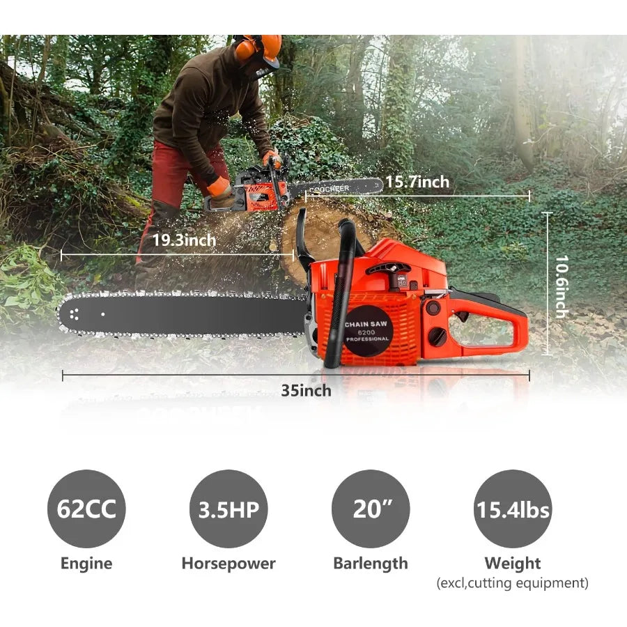 COOCHEER Gas Chainsaw Powered 62CC 3.5-HP 2-Cycle Gas Chainsaw 20 Inch with Tool Kit Carrying Bag for Tree Cutting and Trimming