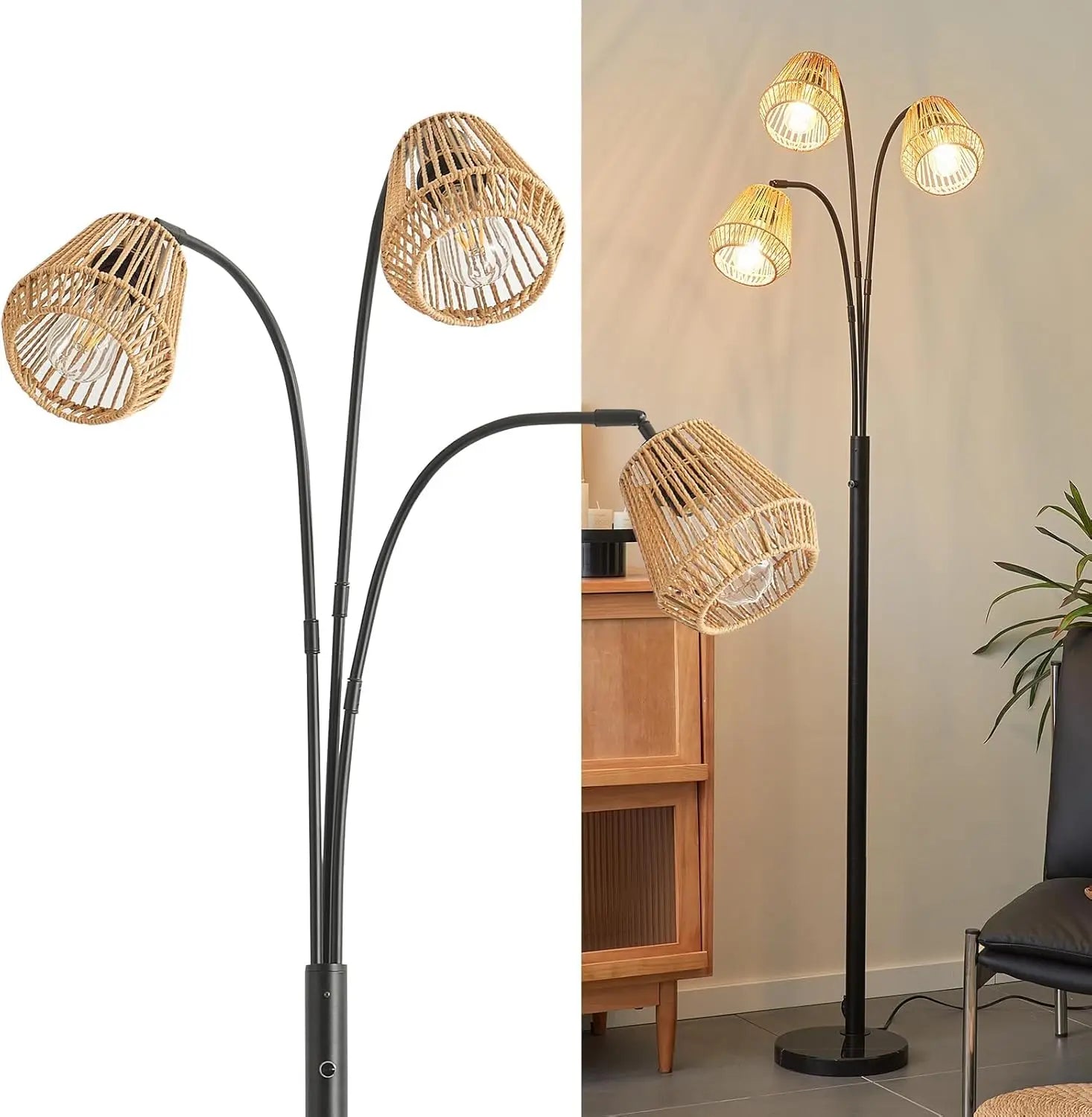 72' Boho Floor Lamp with Rotary Switch, Wicker Shade for Living Room, Coastal Rustic Standing Lamp