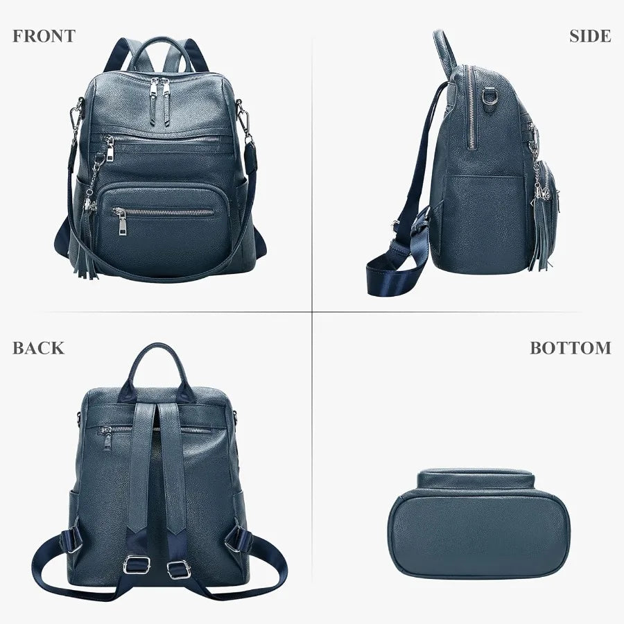 ALTOSY Genuine Leather Backpack Purse for Women Large Shoulder Bag With Laptop Compartment Multiple Pockets S106 Indigo Blue