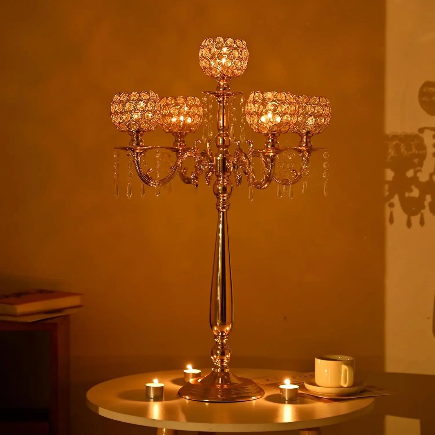 4 Packs 5 Arms Crystal Candelabra for Wedding Centerpiece Gold Candle Holder with Chandelier Crystal Beaded Party Table Decor