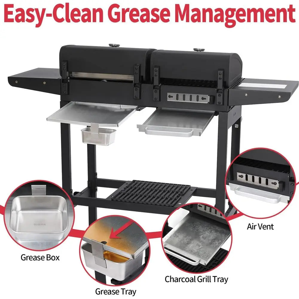 Charcoal and 2-Burner Propane Gas Combo Grill with Stainless Steel Griddle & Porcelain-enameled Cast Iron Grates, Dual Fuel BBQ