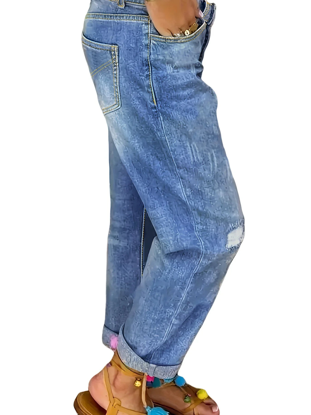 Plus-size women's high-waisted stretch jeans with multiple buttons, distressed jeans, street style