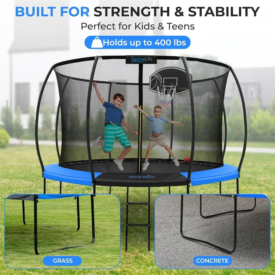 12FT Outdoor Trampoline for Recreational Backyard Trampoline with Curved Safety Poles and Net Enclosure- ASTM Approval for Adult
