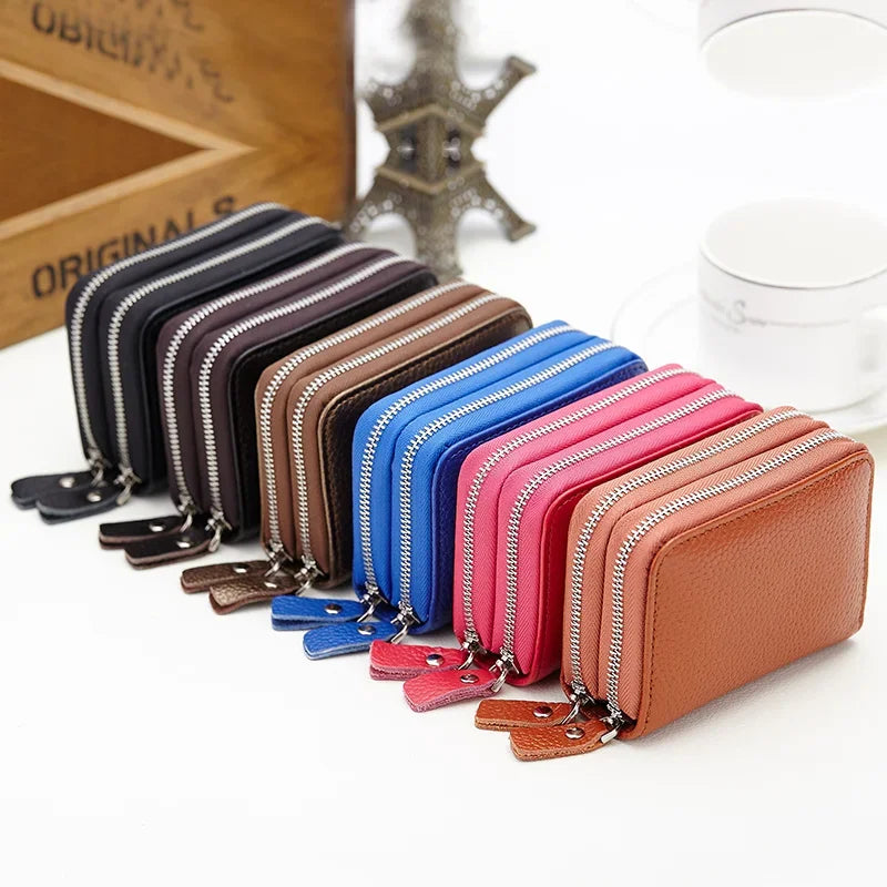 Genuine Leather Men & Women Mini Short Wallet Cow Leather Coin Purse Solid Card Holder Accordion Card Slots Double Zipper Pocket
