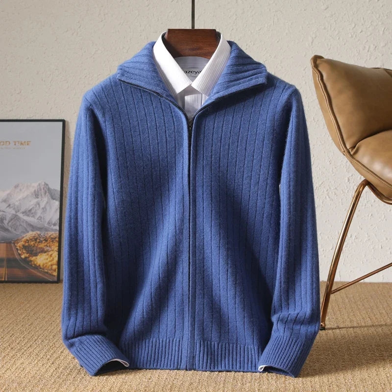 Men 100% Merino Wool Stand-Up Collar Cardigan Casual Knit Business Zipper Coat Autumn Winter Versatile Warm Men Cashmere Jacket