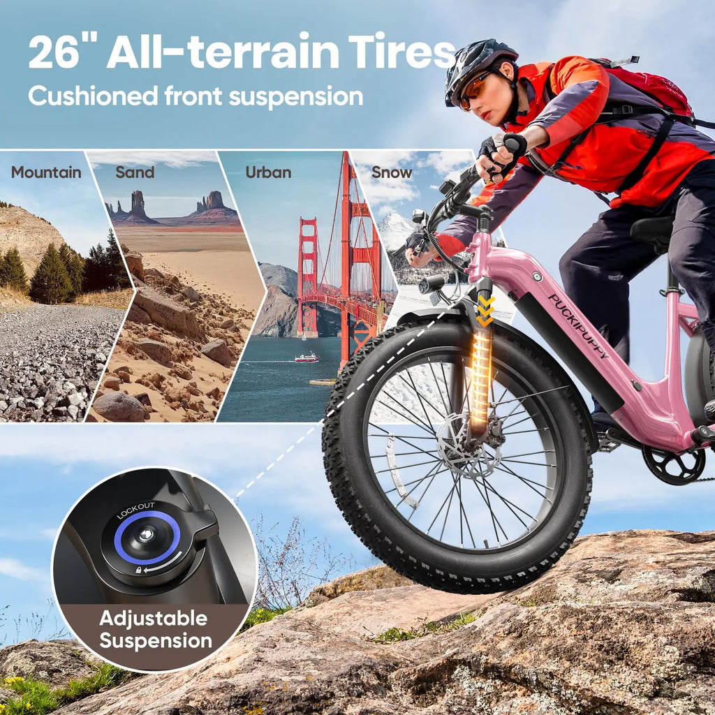 PUCKIPUPPY Beagle ST Electric Bike for Adults 26" Fat Tire Step-Through Electric Mountain Bike Off-Road Ebike 2-Year Warranty