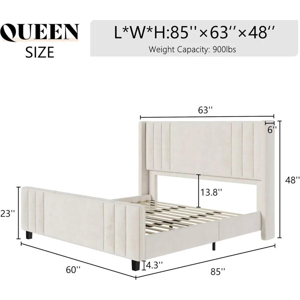 Queen Size Bed Frame, Velvet Upholstered Platform Bed with Vertical Channel Tufted Headboard & Footboard/Wingback, Matt