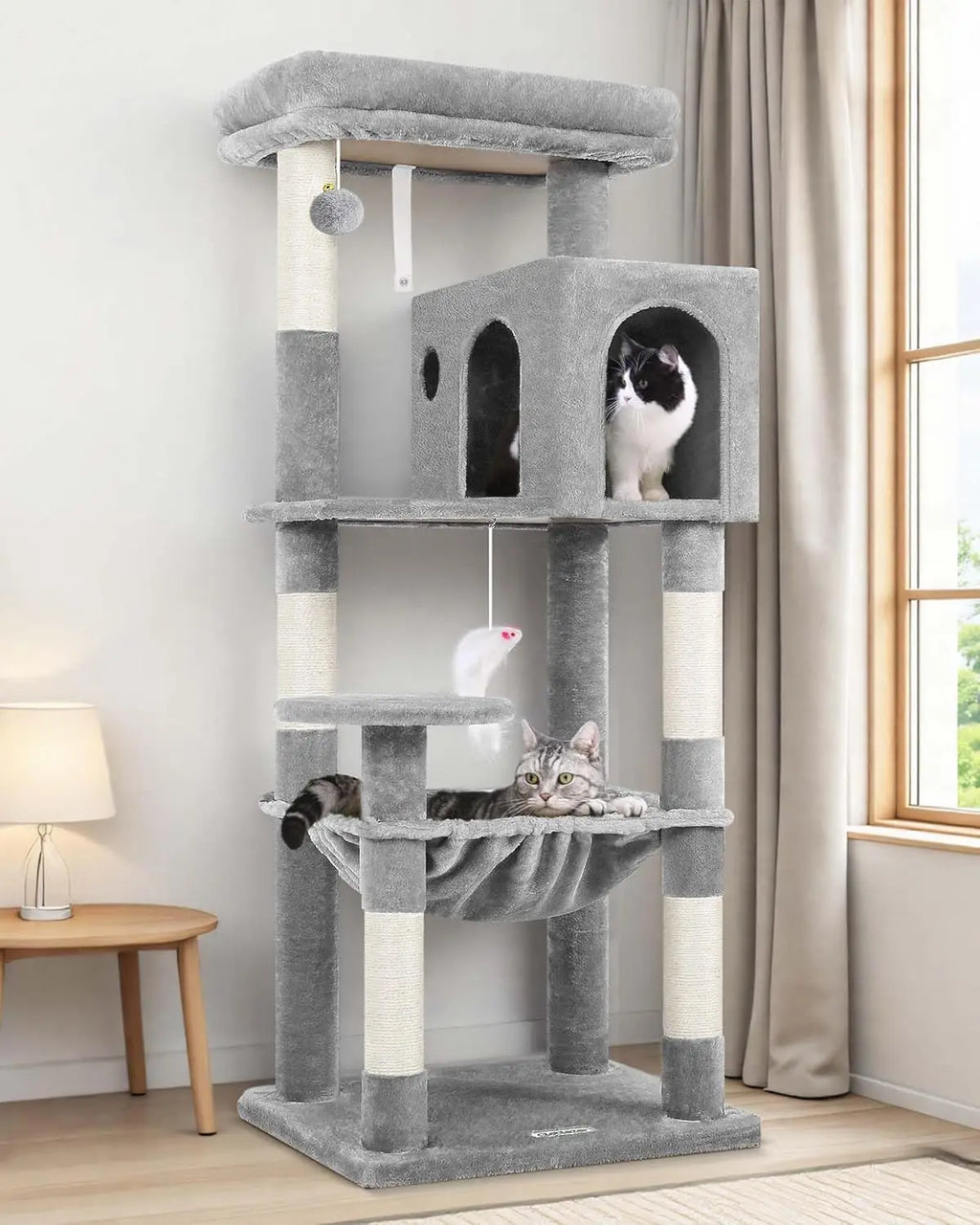 53-Inch Tall Plush Cat Tree Tower with Scratching Post, Hammock, and Cave for Indoor Cats