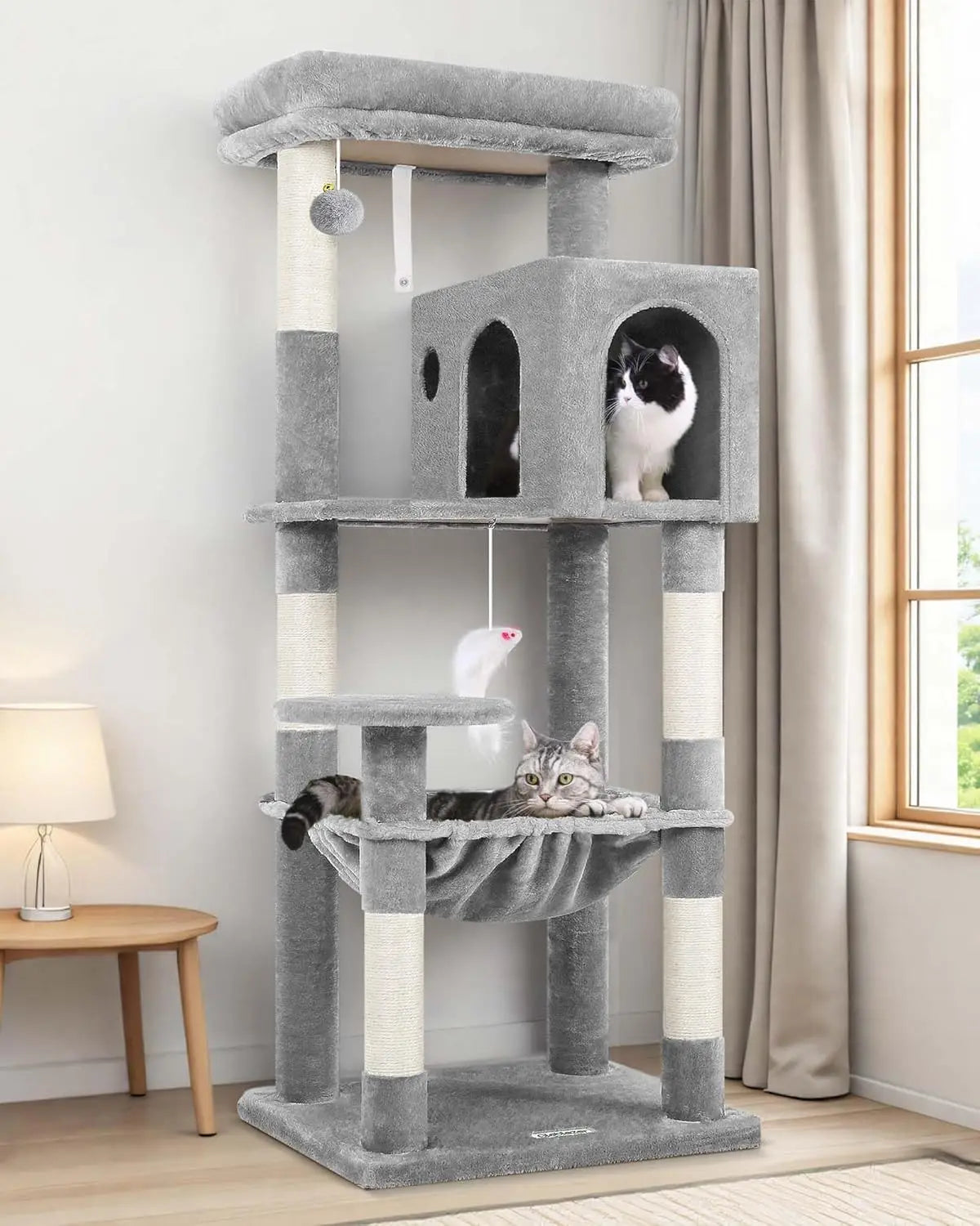 53-Inch Tall Plush Cat Tree Tower with Scratching Post, Hammock, and Cave for Indoor Cats