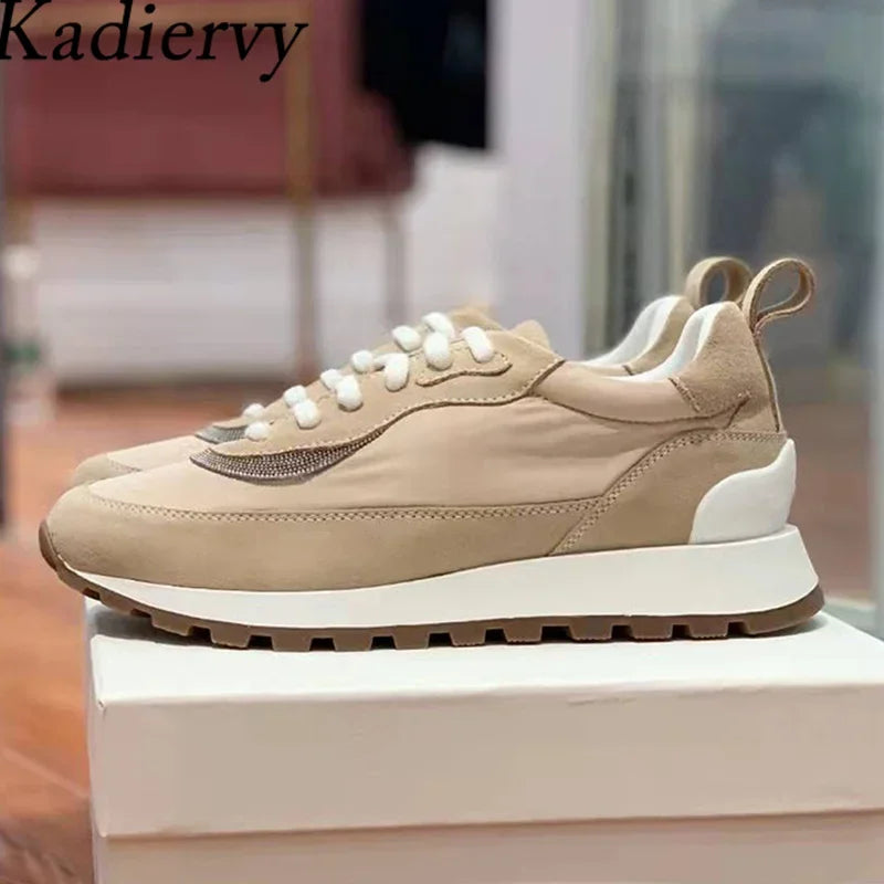 Spring Autumn Sneakers Women Lace Up Round Toe Flat Shoes Lady Suede Leather Patchwork Casual Comfort Outdoor Sports Shoes Woman